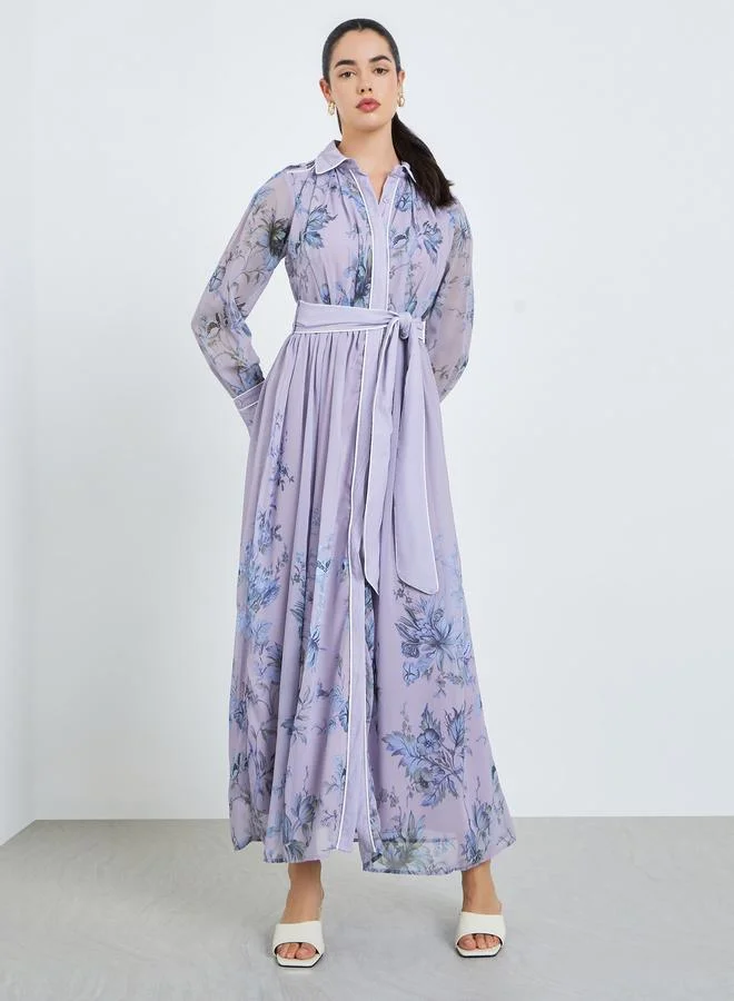 Styli Women Lilac Floral Print Long Sleeves Maxi Dress